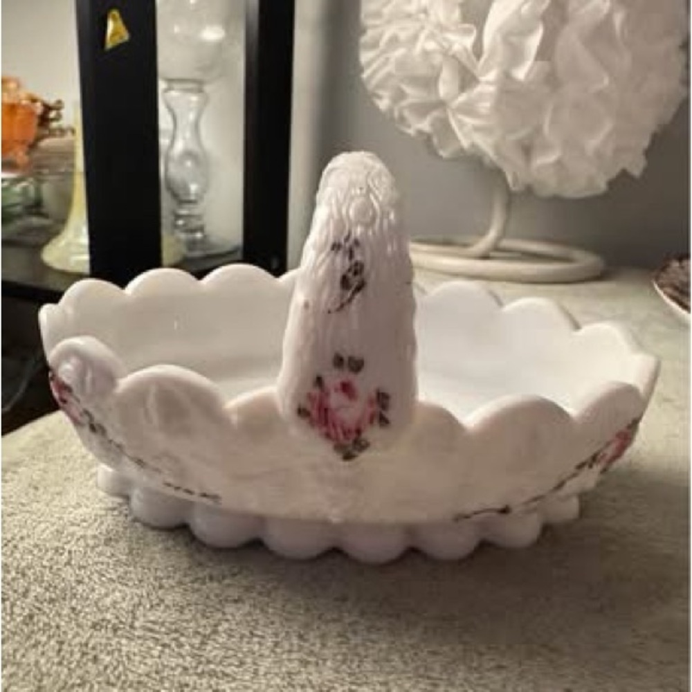 White Milk Glass Basket w FloralDesign Trinket or Collectible Dish Westmoreland